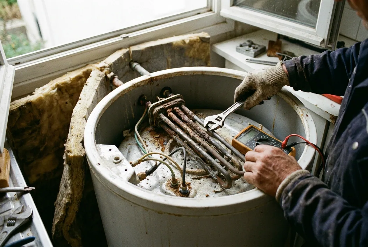 Chauffe-eau électrique ouvert lors d'un dépannage à Le Port-Marly